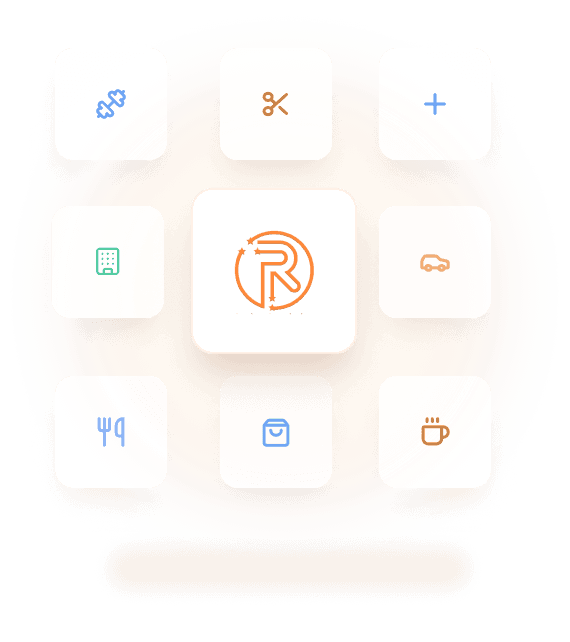 The Review Revolution logo surrounded by icons for gyms, salons, clinics, hotels, garages, restaurants, shops and cafes.